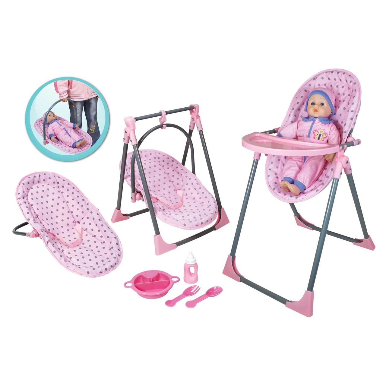 Lissi 4-in-1 Doll Highchair - Pink/Grey Polka Dot - Converts to Swing & Carrier